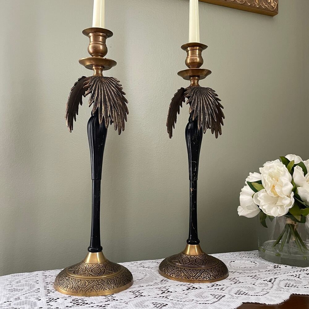 Vintage Brass and Black Palm Tree Candlestick Holder Pair | Hollywood Regency